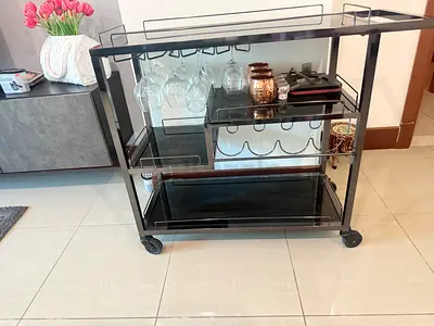 Metal and Glass Rolling Bar Trolley with Wine Rack