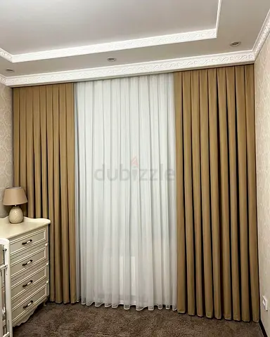 Beige blackout curtains with white sheer - ready to hang, like new