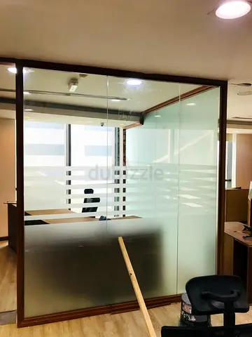 Glass Office Partition with Wooden Frame — Good Condition