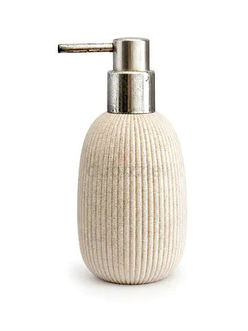 Beige Ribbed Ceramic Soap Dispenser — Good Condition