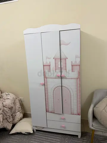 White Kids Wardrobe with Pink Castle Design - Good Condition
