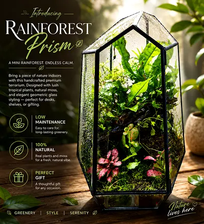 Handcrafted Glass Terrarium - Rainforest Prism with Live Plants (Decor)
