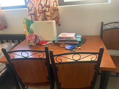 Wooden Dining Table with 4 Metal-Frame Chairs - Good Condition