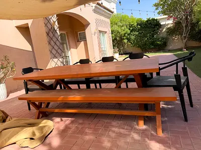 Solid Wooden Outdoor Dining Table with Bench and 5 Chairs — Good Condition