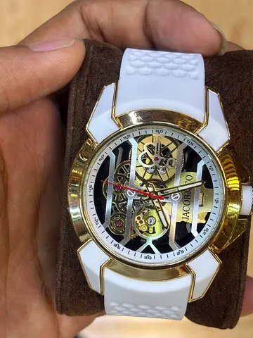 Jacab  co Gold-tone skeleton mens wristwatch with white silicone strap