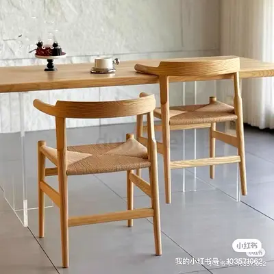 Set of Scandinavian-style Ash Wood floating table with acrylic stand, Dining Chairs with Woven Seats