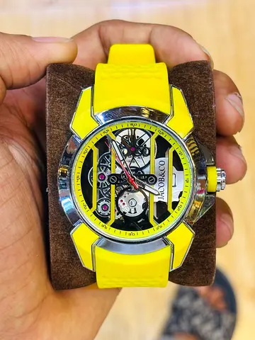 Yellow Jacob  Co style skeleton dial mens wristwatch with rubber strap