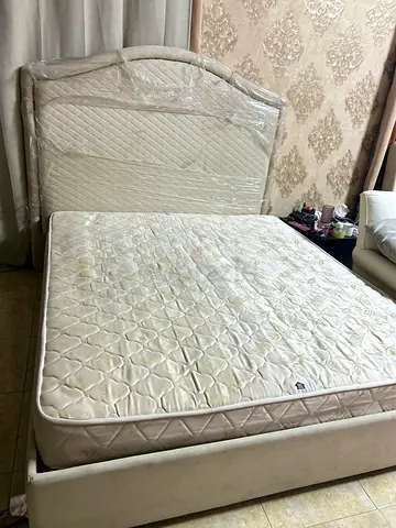 King  size upholstered bed frame with mattress - beige