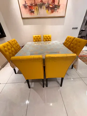 Dining table set with 8 mustard tufted chairs