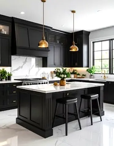 Modern Black Kitchen Island with White Marble Top