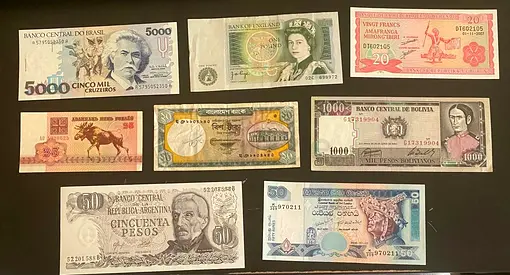 Collection of Vintage International Banknotes, Antique Paper money (Authentic currency)