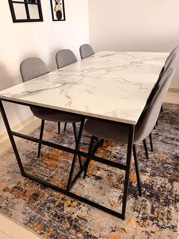 Marble-look Dining Table with 6 Grey Chairs - Modern Set (without carpet)