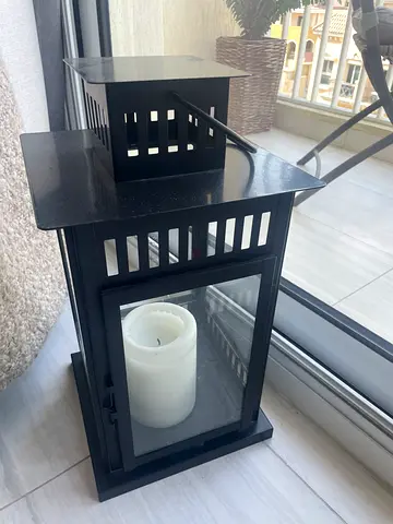 Black Metal Candle Lantern with Glass Panels (Includes LED Candle)