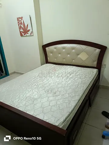Queen size wooden bed frame with storage and mattress