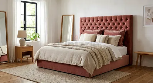 Queen upholstered bed with tufted headboard - dusty rose