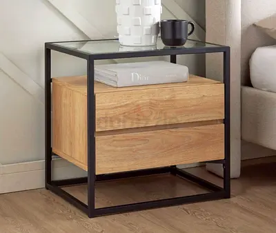 Modern Nightstand with Glass Top and Wooden Drawers
