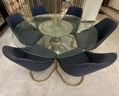Round Tempered Glass Dining Table with 6 Curved Upholstered Chairs