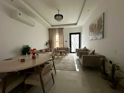 **English Translation:** Fully furnished villa for annual rent, consisting of 4 master bedrooms, a majlis, a spacious living hall, and a maid’s room.