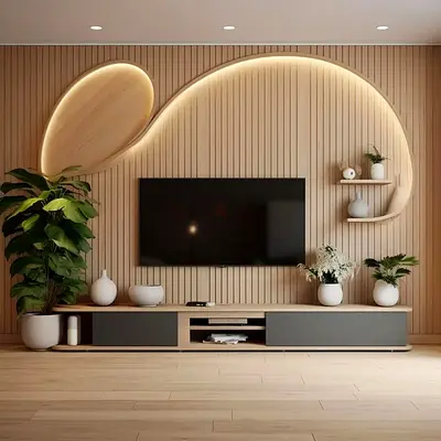 Modern Wooden Entertainment Center with Integrated Shelving and Storage