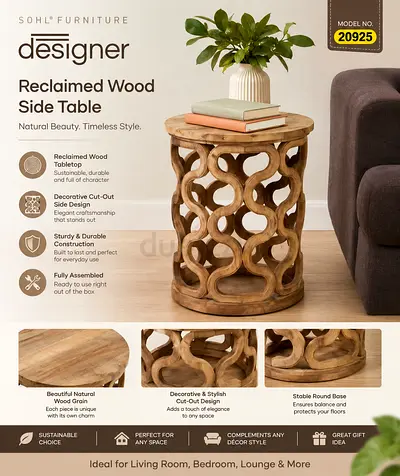 SOHL Designer Reclaimed Wood Side Table Rustic Round Accent Table