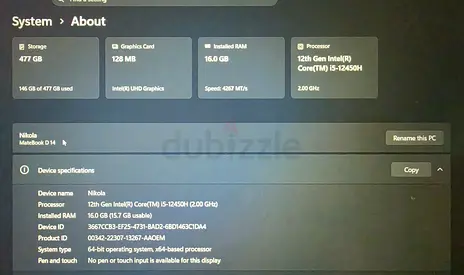 12th Gen Intel i5 Laptop (Intel UHD Graphics, 16GB RAM, 477GB Storage)