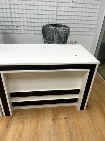 White and dark-wood office desk with chair with cable hole, good condition