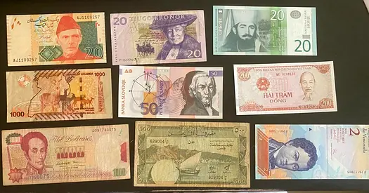 Collection of Int. Currency Banknotes. Old Collectible Banknotes for Sale, Historic Paper Currency