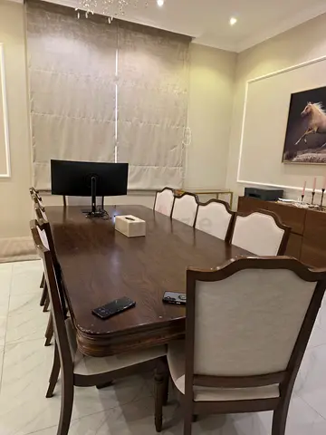 Solid Wood Dining Table with 10 Upholstered Chairs
