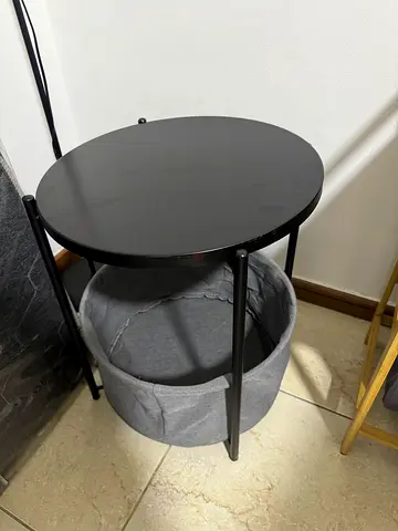 IKEA Small round detachable black side table with fabric storage basket