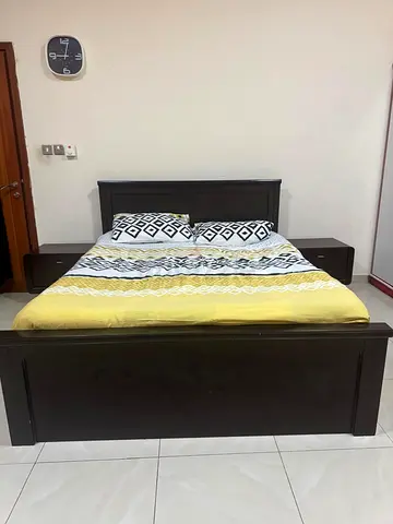 Dark Wood Double Bed with Two Matching Nightstands - Good Condition