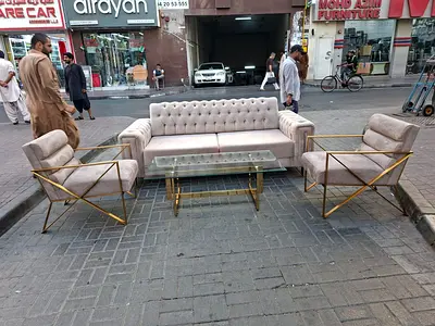 3-seater tufted sofa with two armchairs and glass coffee table - gold frame