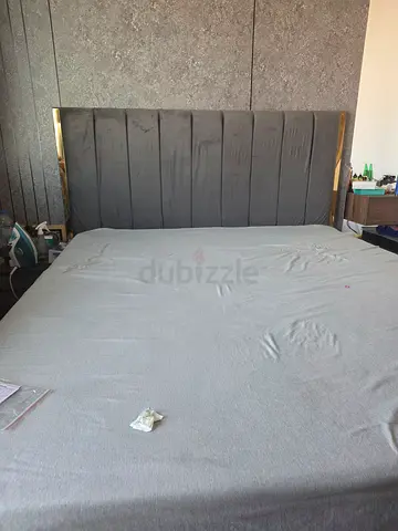 King size upholstered bed frame with headboard - grey and mattress