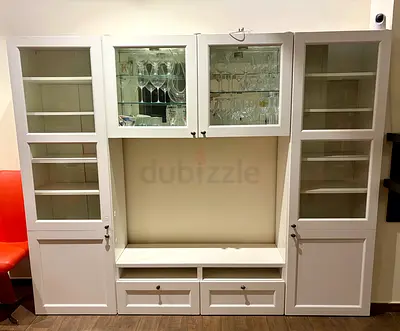 White Wall Unit / Entertainment Center with Glass Doors and Drawers