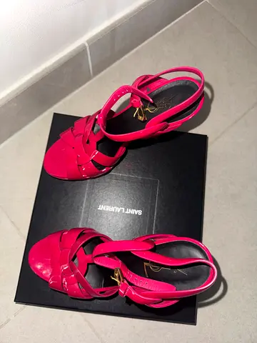 Used Saint Laurent Pink Patent Leather Slingback Sandals, Size Available