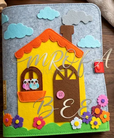 Handmade felt quiet book cover — colorful house design