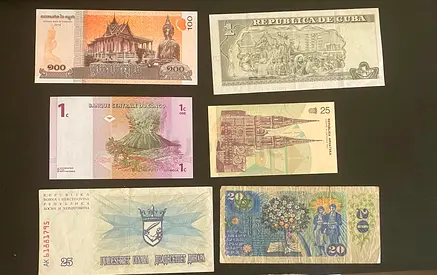 Collection of Vintage International Banknotes. Antique paper banknote collection in good condition