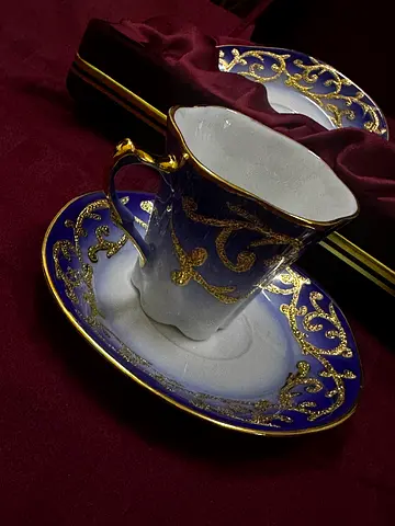 Set of 2 Decorative Porcelain Coffee Cups with Saucers - Blue  Gold