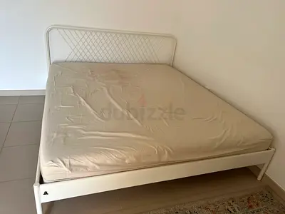 White Metal Double Bed Frame with Mattress - Good Condition