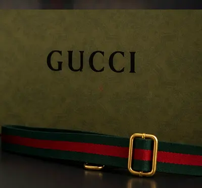 Authentic Gucci Web Stripe Fabric Belt with Gold Buckle - Green/Red