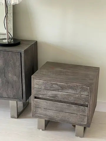 2pcs Solid wood bedside table / nightstand - grey finish with steel legs