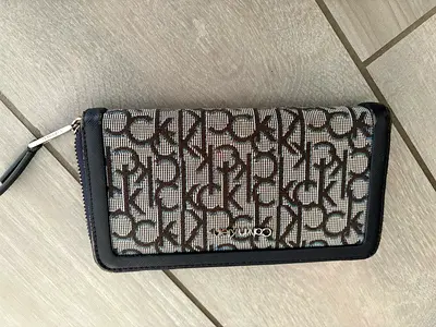 Ck Navy Blue Zip-Around Saffiano Wallet