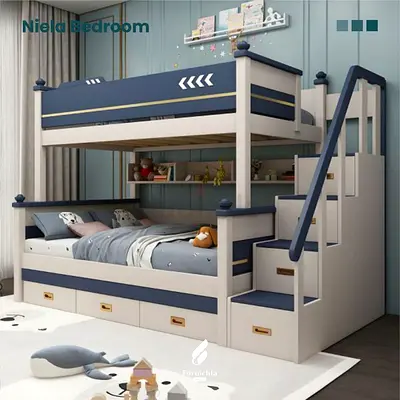 Solid wood bunk bed with storage stairs - navy  cream, like new