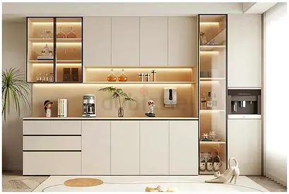 Modern built-in kitchen cabinets with display shelves for Wine Bar