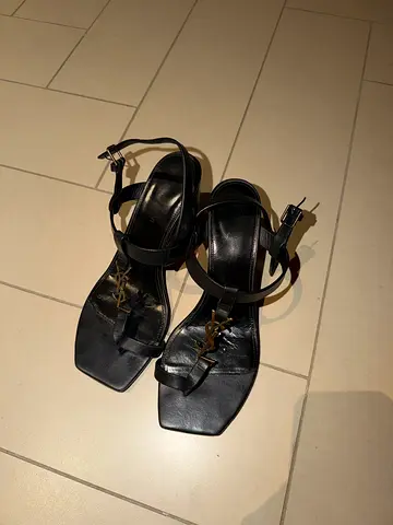 Black leather YSL-style heeled sandals, size EU 39 (approx)
