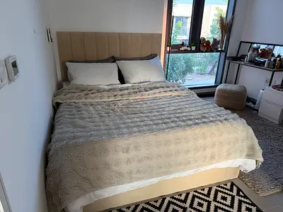 Queen bed frame with upholstered headboard - beige, excellent condition with mattress