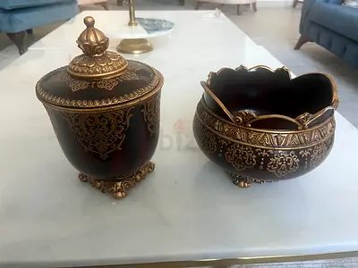 Vintage Ornate Decorative Covered Jar  Bowl Set – Bronze/Gold Finish