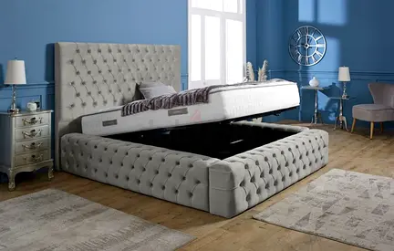 Grey Upholstered Storage Bed with Tufted Headboard - Queen/King