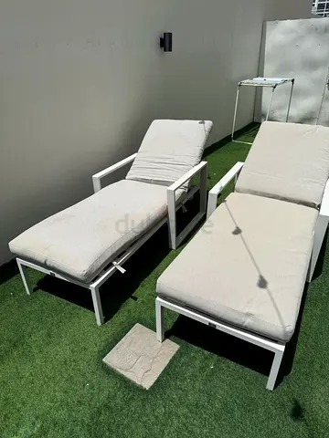 X2 sun bed sun loungers  White metal finish with light grey cushions  200cm x 77cm