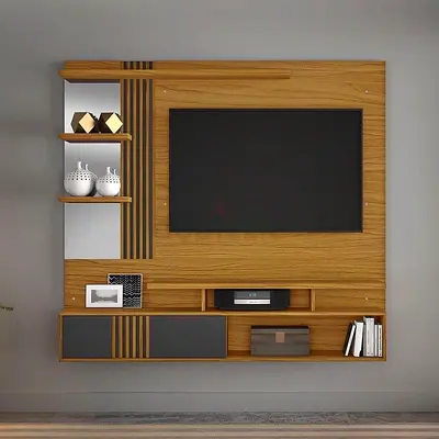Modern Wall Mounted Entertainment Center with Wood Finish