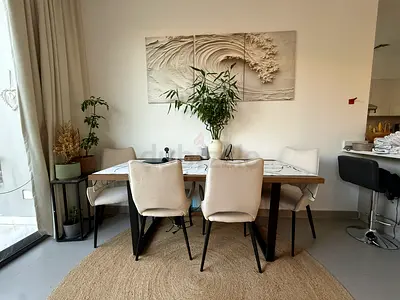 Solid wood dining table with 6 upholstered chairs - modern set